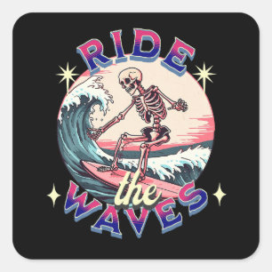 Ride the waves skeleton surfing square sticker