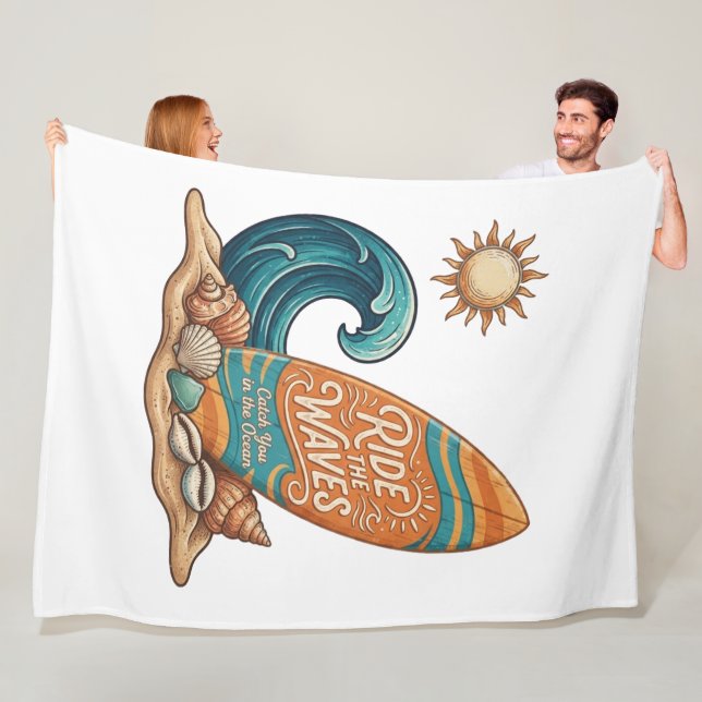 Ride the Waves Surfboard Illustration - Tropical B Fleece Blanket (In Situ)