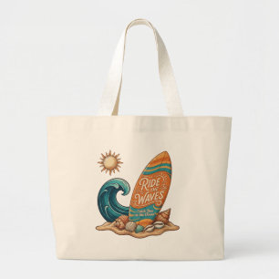 Ride the Waves Surfboard Illustration - Tropical B Large Tote Bag