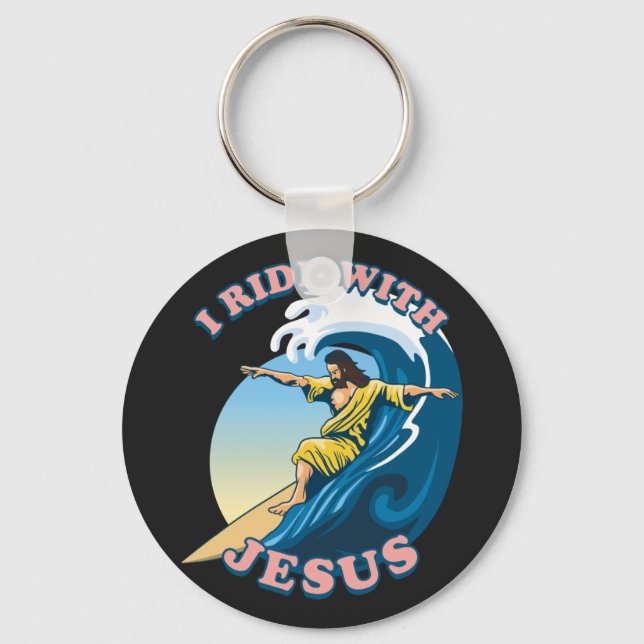  Ride With Jesus | Surfing Jesus Illustration Key Ring (Front)