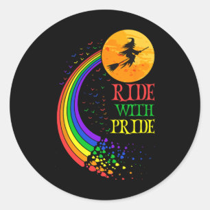 Ride With Pride Lgbt Funny Halloween Rainbow Flag Classic Round Sticker