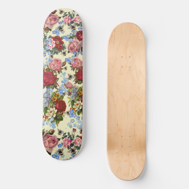 Ride with Roses, Forget-Me-Nots, and Bees Skateboard (Front)