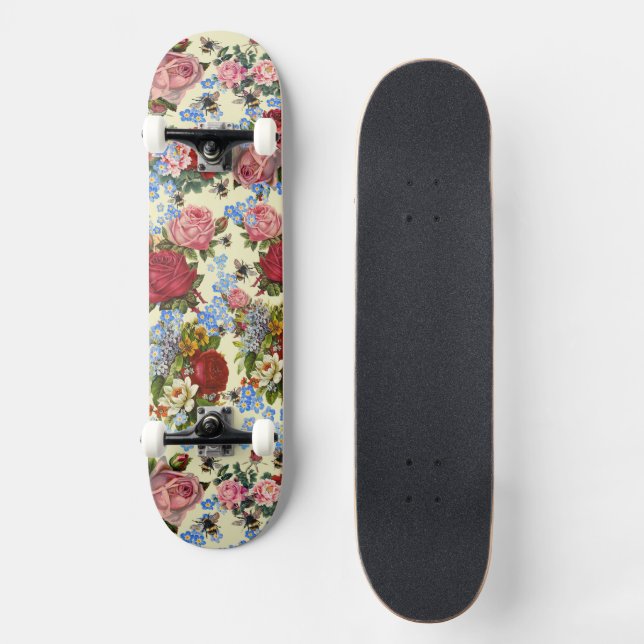 Ride with Roses, Forget-Me-Nots, and Bees Skateboard (Front)