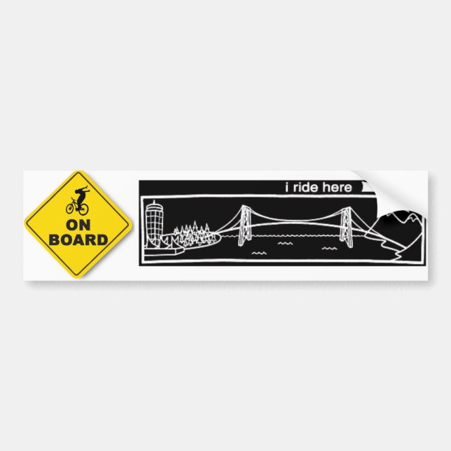 Rider on board & I ride here. Bumper Sticker (Front)
