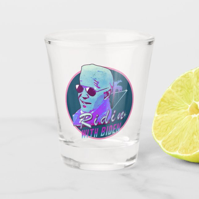 Ridin' With Biden Synthwave Outrun Retro Palm Tree Shot Glass (Front)