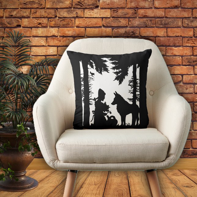Riding Hood Watering Can Flowers wolf Forest Cushion (Black white decorative pillow with red riding hood in the forest under trees with the wolf.)