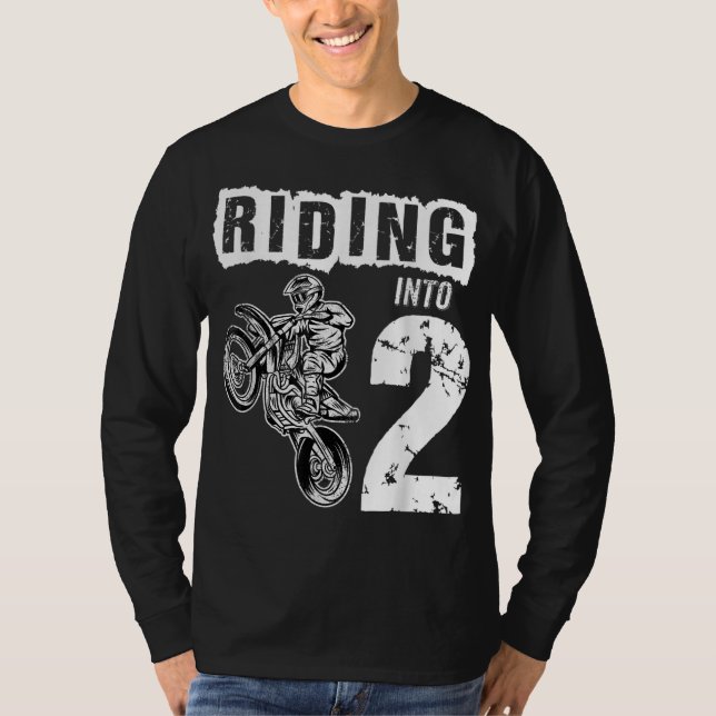Riding Into 2 Years Old 2nd Birthday Boy Dirt Bike T-Shirt (Front)