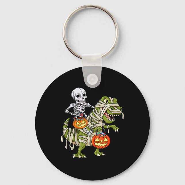 Riding Mummy Dinosaur T Rex Halloween Funny Pumpki Key Ring (Front)