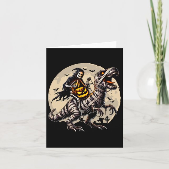 Riding Mummy Dinosaur T Rex Pumpkin Funny Hallowee Card (Front)