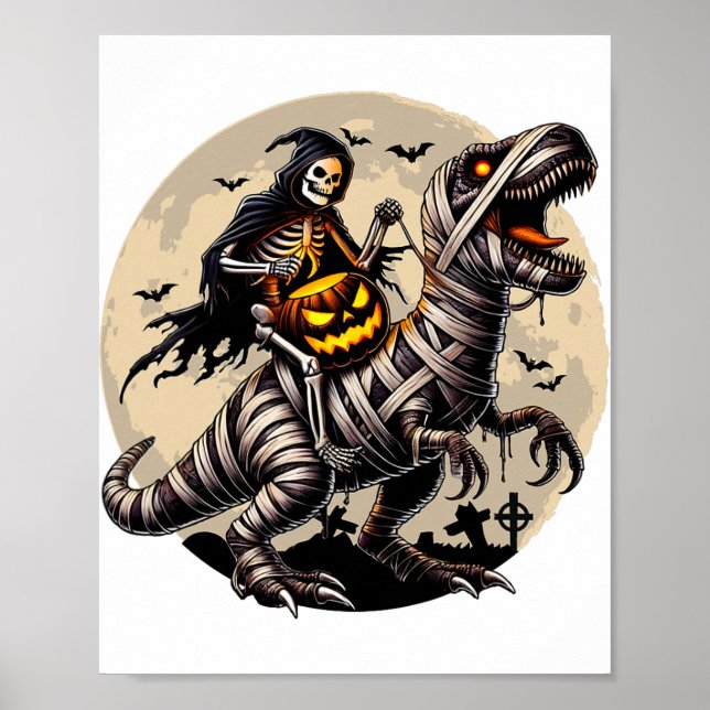 Riding Mummy Dinosaur T Rex Pumpkin Funny Hallowee Poster (Front)