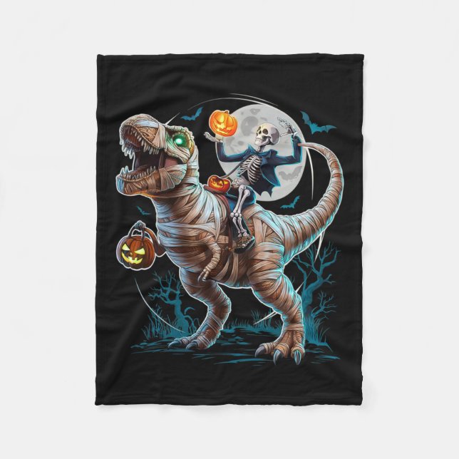 Riding Mummy Pumpkin T Rex Dinosaur Funny Hallowee Fleece Blanket (Front)