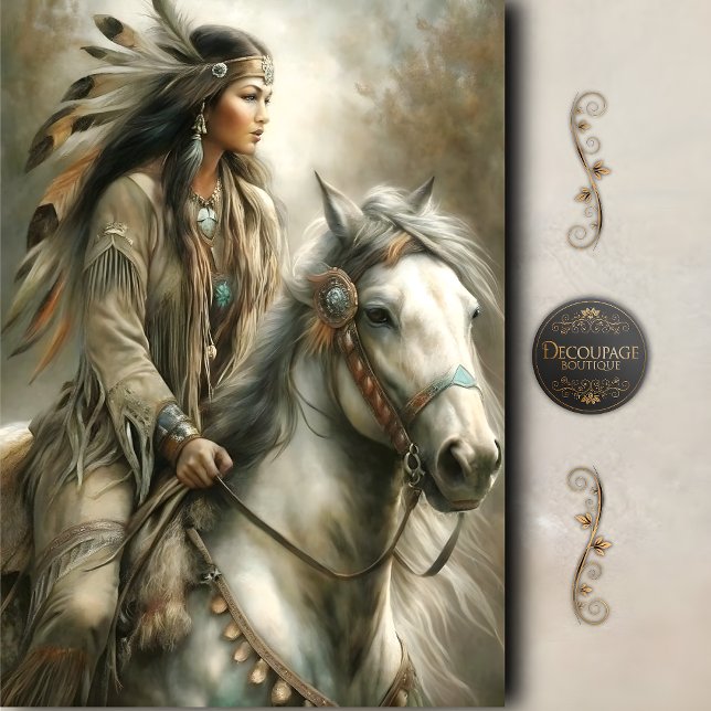 Riding Native Woman & White Horse Decoupage Tissue Paper (Riding Native Woman & White Horse Decoupage Tissue Paper)