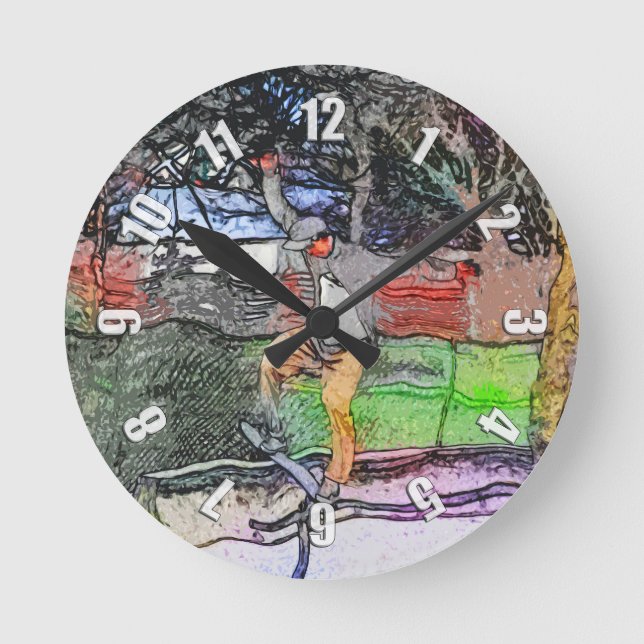 Riding the Rails - Cartoon Skateboarder Design Round Clock (Front)
