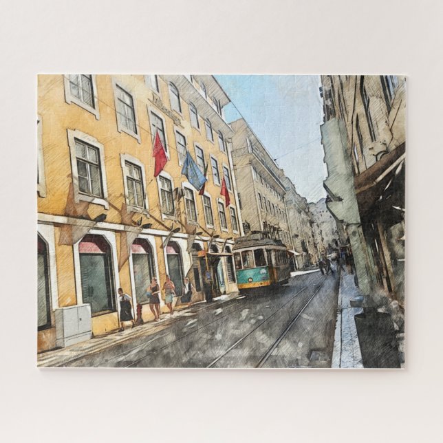 Riding the Tram in Lisbon Portugal Postcard Jigsaw Puzzle (Horizontal)