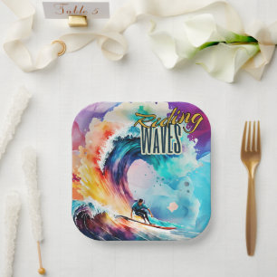 Riding Waves, Surfer in Colourful Ocean, Sporting Paper Plate