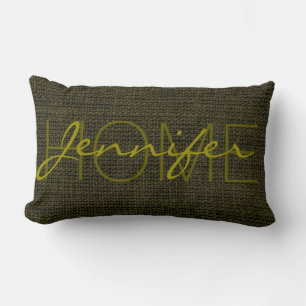 Rifle green Burlap Rustic Monogram Lumbar Cushion