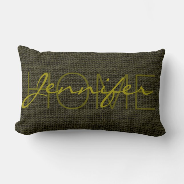 Rifle green Burlap Rustic Monogram Lumbar Cushion (Front)