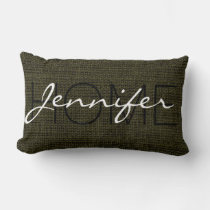 Rifle green Burlap Rustic Monogram Lumbar Cushion