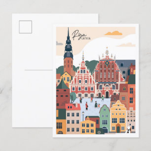 Riga Latvia Art Vintage Travel Illustration Postcard