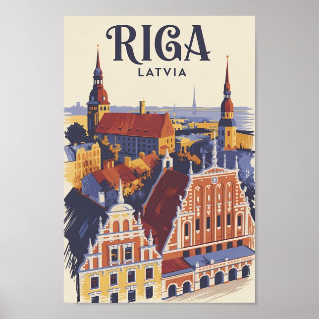 Riga Latvia Illustration Travel Art Vintage Poster (Front)