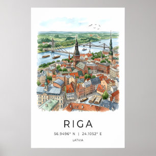 Riga Skyline Art Print Watercolor Cityscape (Old