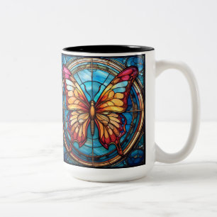 Right handed Drinkers Stained Glass Butterfly Two-Tone Coffee Mug