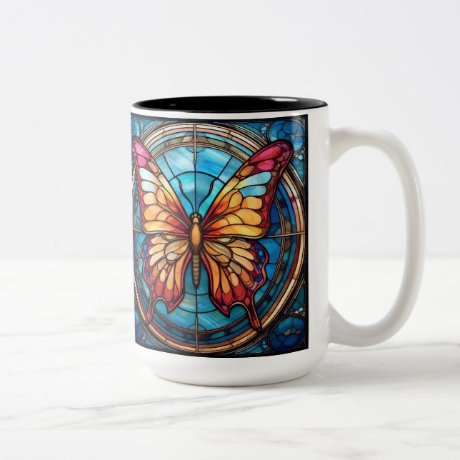 Right handed Drinkers Stained Glass Butterfly   Two-Tone Coffee Mug (Right)