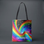 Righteous Rainbow & Gold Stars Tote Bag<br><div class="desc">This tote bag design features a beautiful three dimensional rainbow swirl and waves on a night sky,  with scattered faux gold stars. Fun and unique. Personalise it with a first or last name. Makes a great gift! Created by Simply Farmhouse Press.</div>