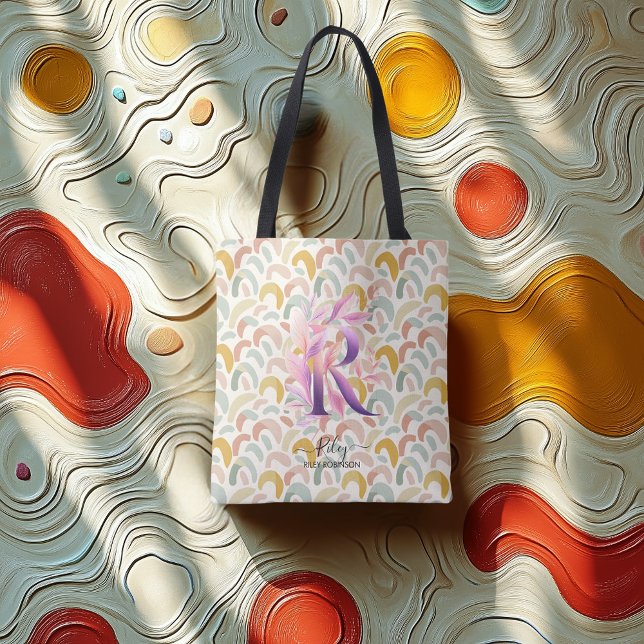 Riley's Radiant Rainbows - Boho Floral Monogram R Tote Bag (Creator Uploaded)