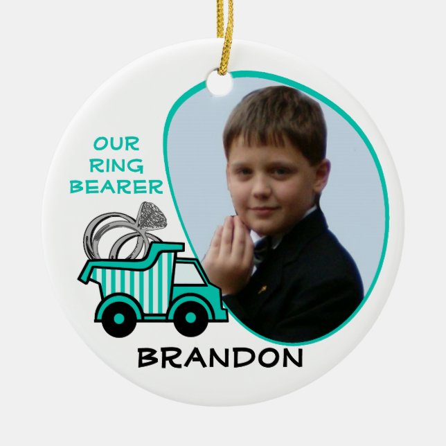 Ring Bearer Dump Truck Photo Ceramic Tree Decoration (Front)