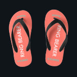 Ring Bearer NAME Coral Kid's Jandals<br><div class="desc">Ring Bearer is written in white text against bright coral colour with black accents. Name and Date of Wedding is turquoise blue. Personalise your little ring bear boy's name in arched uppercase letters. Click Customise to increase or decrease name size to fall within safe lines. Fun beach destination flip flops...</div>