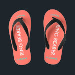 Ring Bearer NAME Coral Kid's Jandals<br><div class="desc">Ring Bearer is written in white text against bright coral colour with black accents. Name and Date of Wedding is turquoise blue. Personalise your little ring bear boy's name in arched uppercase letters. Click Customise to increase or decrease name size to fall within safe lines. Fun beach destination flip flops...</div>