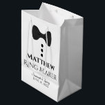 Ring Bearer Wedding Gift Bag with Black Tie<br><div class="desc">This gift bag is designed for your Ring Bearer. The design features black text and a black tie with buttons on a white background. Includes a space for his name as well as the name of the couple and the wedding date. Fill with gifts, favours, candy, booze, or any other...</div>