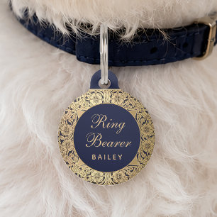 Ring Bearer Wedding Vintage Gold Roses Navy Blue Pet Tag