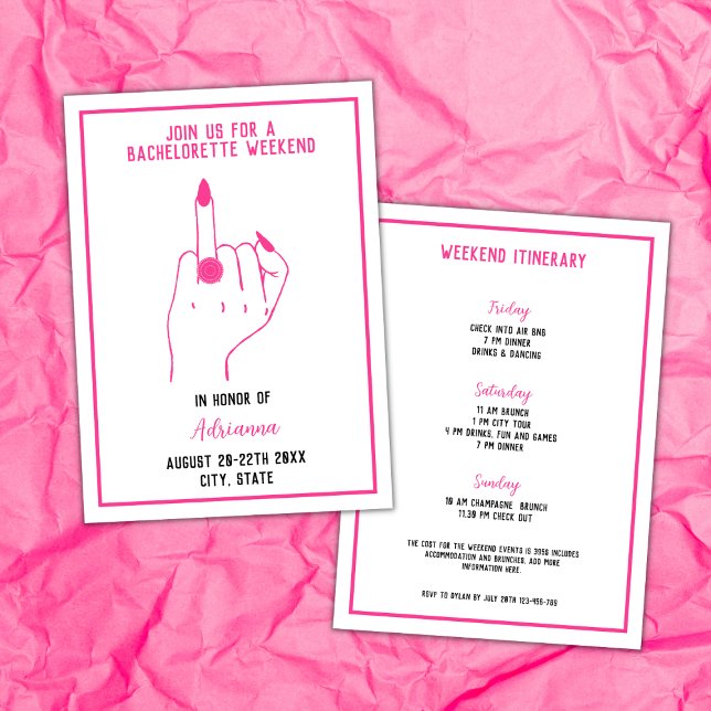 Ring Finger Bold  Pink Bachelorette Girls Weekend  Invitation (ring finger bachelorette party invitation bold pink weekend itinerary modern fun)