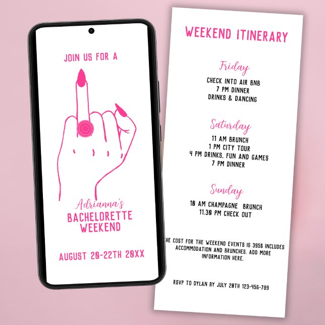 Ring Finger Pink Bachelorette Weekend Itinerary Invitation (ring finger bachelorette party invitation bold pink weekend itinerary chic modern)