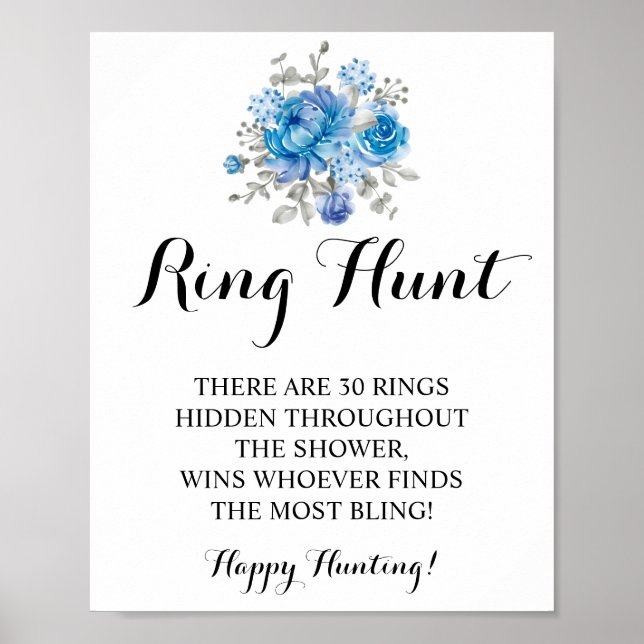 Ring Hunt Blue Flower Bridal Shower Game Sign (Front)