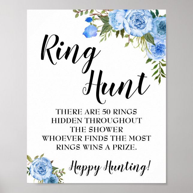 Ring Hunt Game Bridal Shower Blue flowers sign (Front)