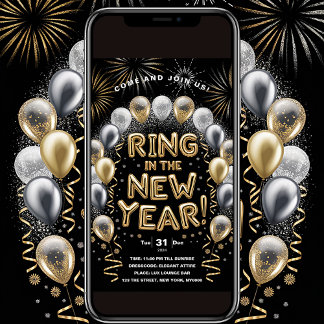 Ring In The New Year Gold Balloon Party Invitation