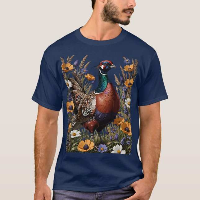 Ring-necked Pheasant Amongst Meadow Wildflowers T-Shirt (Front)