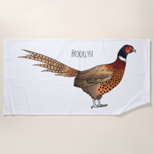 Ring-necked pheasant bird cartoon illustration beach towel