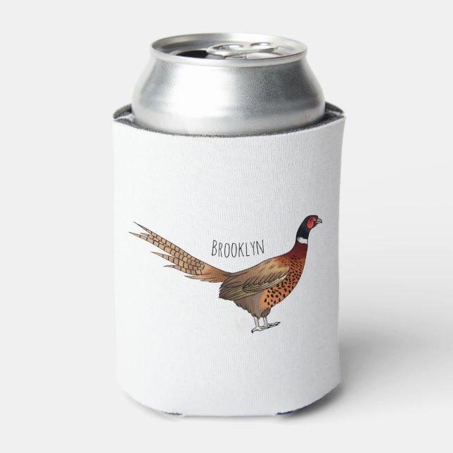 Ring-necked pheasant bird cartoon illustration  can cooler (Can Front)