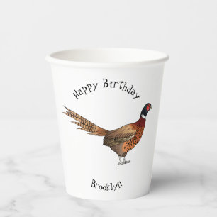 Ring-necked pheasant bird cartoon illustration  paper cups