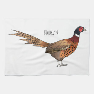 Ring-necked pheasant bird cartoon illustration tea towel