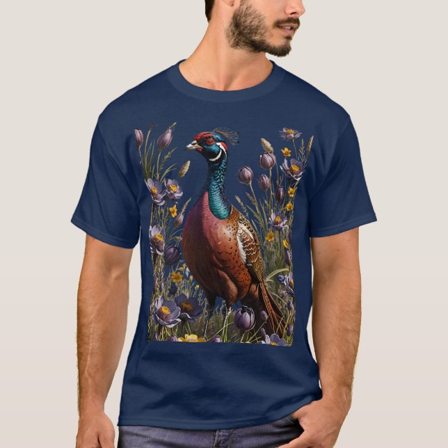 Ring-necked Pheasant Surrounded By American Pasque T-Shirt (Front)