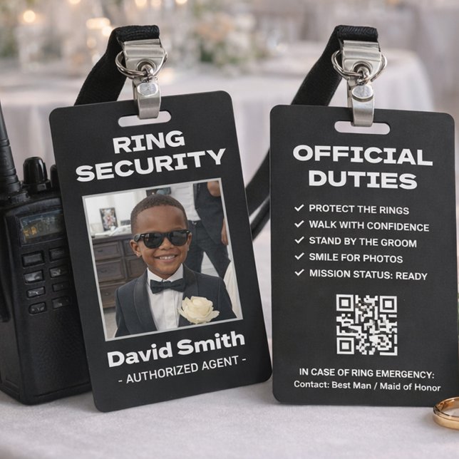 Ring Security Black White Formal Suit Groomsman's  ID Badge (Ring Security badge with custom photo back)