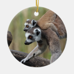 Ring-Tailed Lemur Mother And Baby Ceramic Tree Decoration