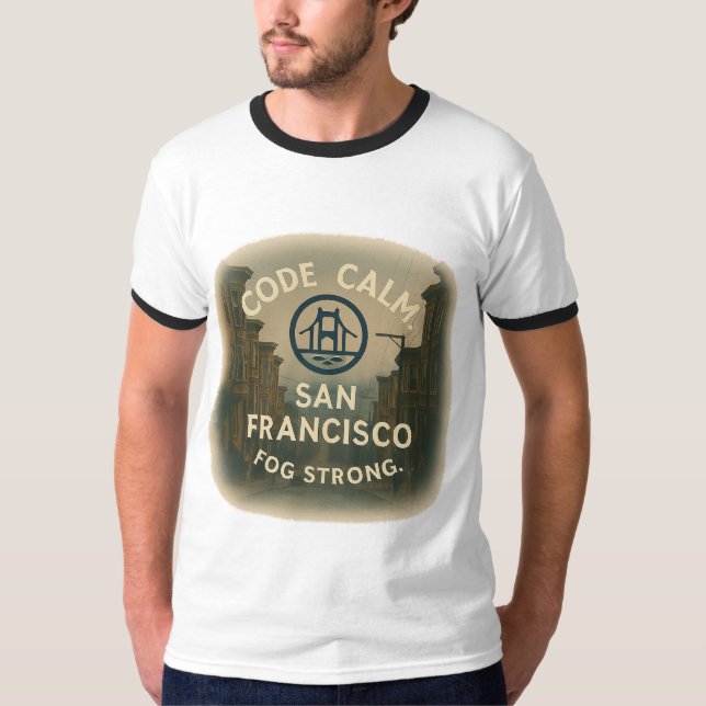 Ringer Tee – Code Calm Fog Strong | Retro SF Flow (Front)