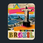 Rio de Janeiro Brazil Christ Retro Collage Travel Magnet<br><div class="desc">Rio de Janeiro, Brazil is one of the most iconic travel destinations in South America. The famous Christ the Redeemer statue stands with open arms above the city, while Sugarloaf Mountain and the beautiful bay stretch out below in one of the most recognizable views in the world. The tropical cityscape,...</div>