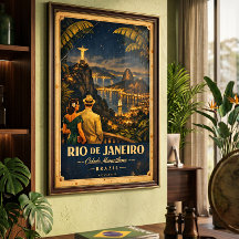 Rio de Janeiro Night Vintage Travel Poster
